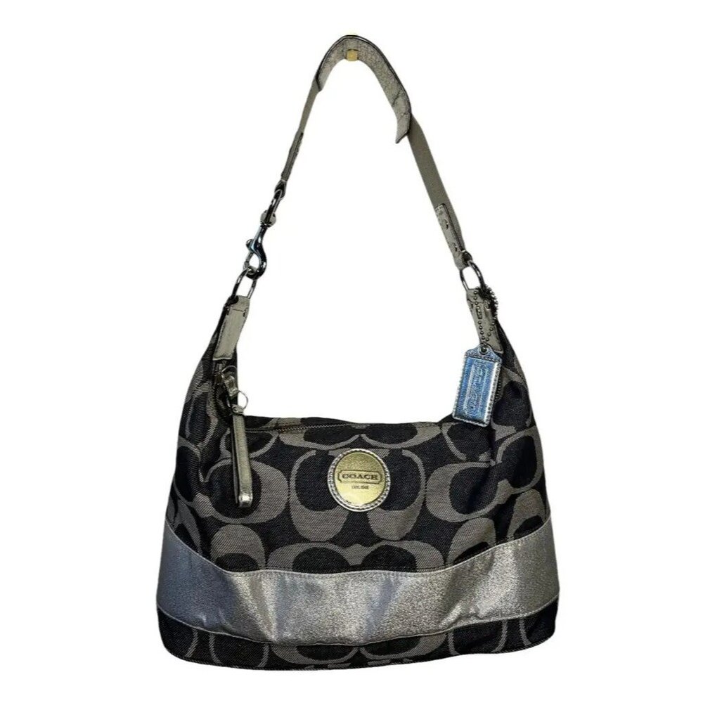 Coach Carley Signature Sufflette Denim & Leather handbag & glitter stripe accent